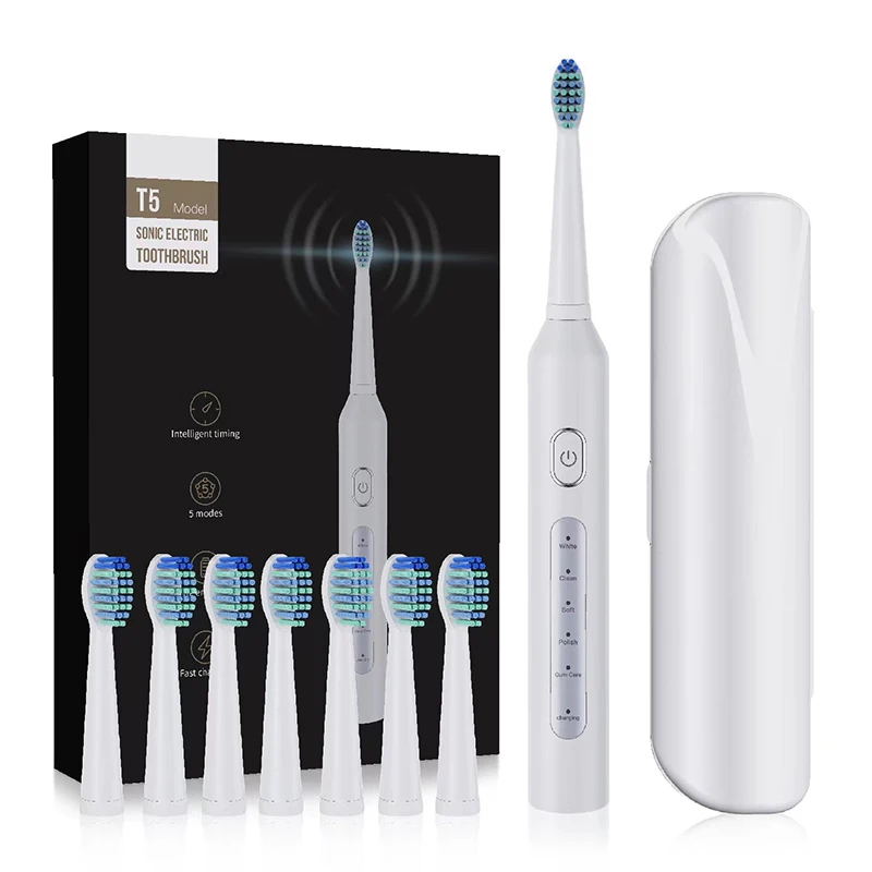 thumbnail image 1 of Cepillo de dientes eléctrico sónico T5, recargable, electrónico, 5 modos de cepillado, resistente al agua IPX7, con cabezales de repuesto, 1 of 5