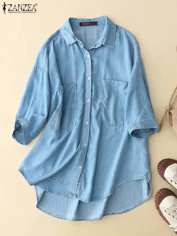

ZANZEA Women Holiday Shirt Denim Fashion Tops Lapel Solid Blouse Loose 2023 Summer Button Up Half Sleeve Casual Pocket Tunic