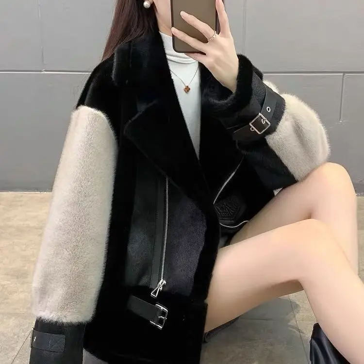 New Autumn Winter Fur One Motorcycle Short Jacket Outwear Women's Stitching Contrast Color European Mink Fleece Motorcycle Coat
