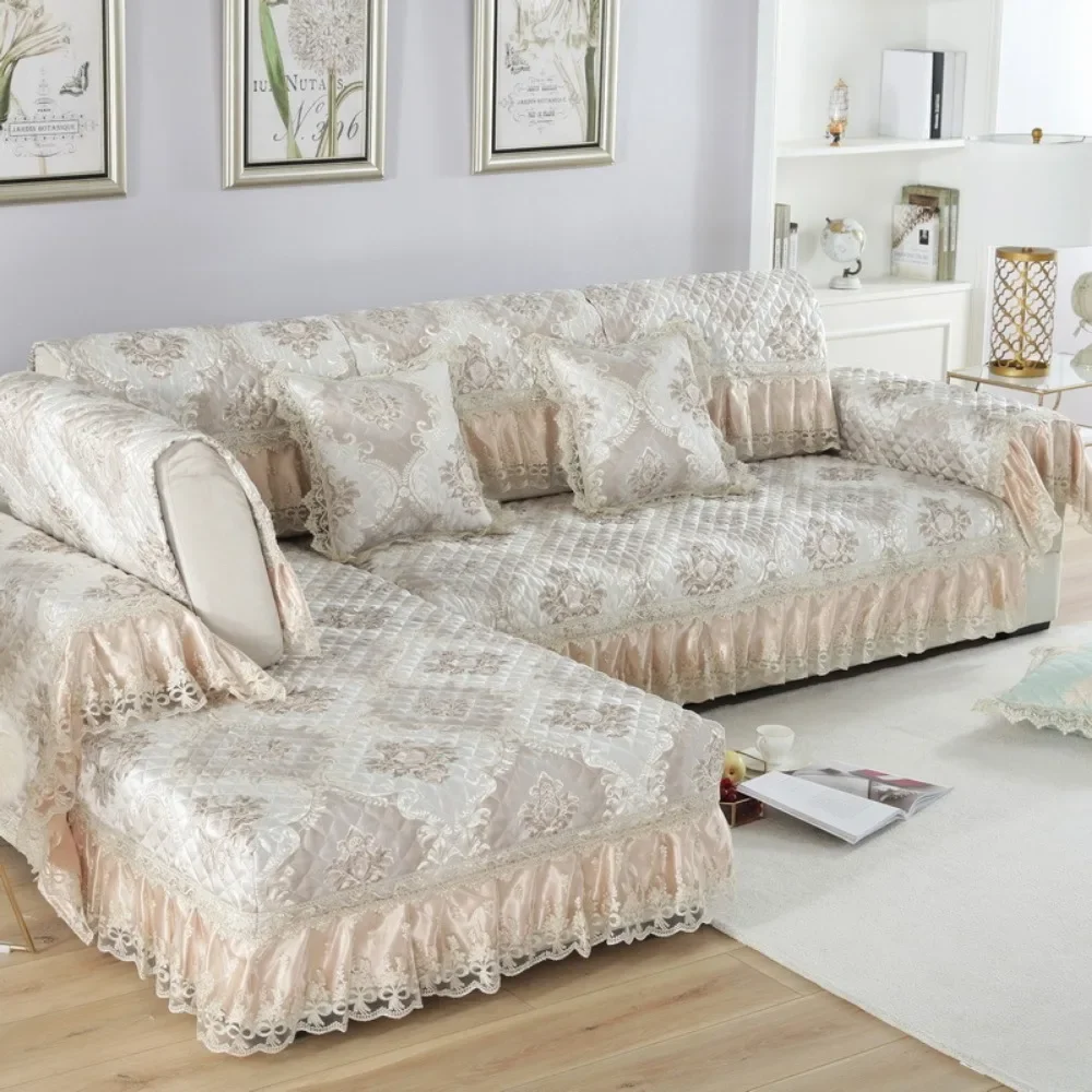 

Luxurious European Linen Sofa Cover All Seasons Non-slip Sofa Slipcover - High Popularity with Beautiful Gold Lace Sofa Towels