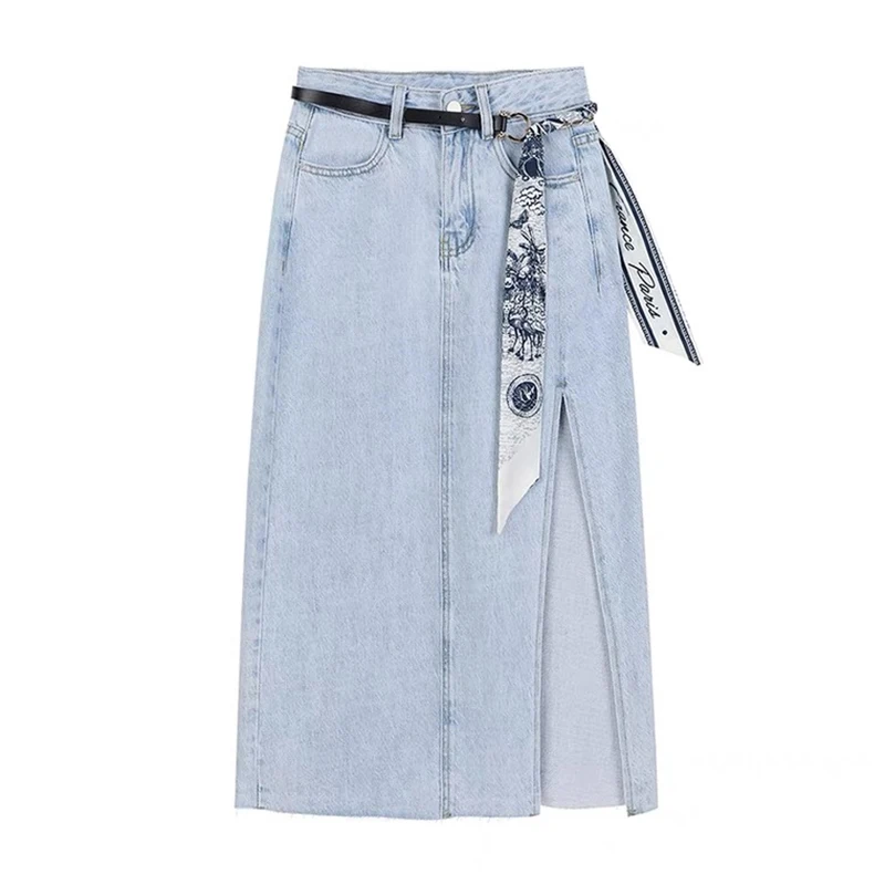 long skirts High Waist Long Skirts Women Casual Vintage Harajuku Korean Chic With Belt Straight A-line Pencil Slit  Skirt Denim Jupe Femme satin midi skirt