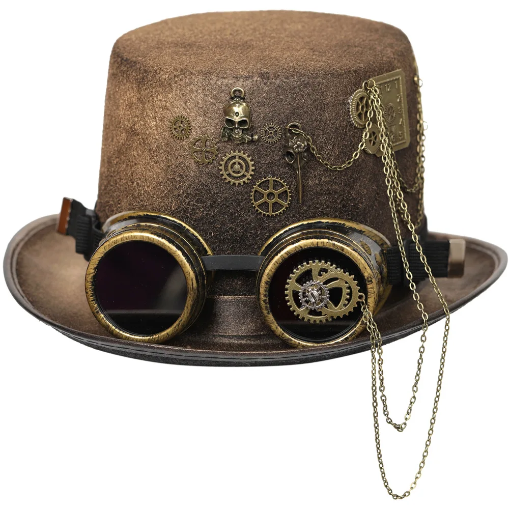 

Brown Gears & Chains Rock Gothic Punk Hat And Glasses Set Vintage Halloween Accessories Anime Cosplay Props Carnival Headwear