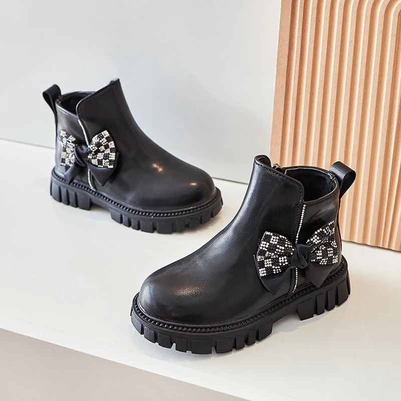 

Girls Boots 2022 Spring New Black Side Bow Zip Non-slip Simple Versatile Kids Fashion Short Boots for Catwalk Children Round-toe