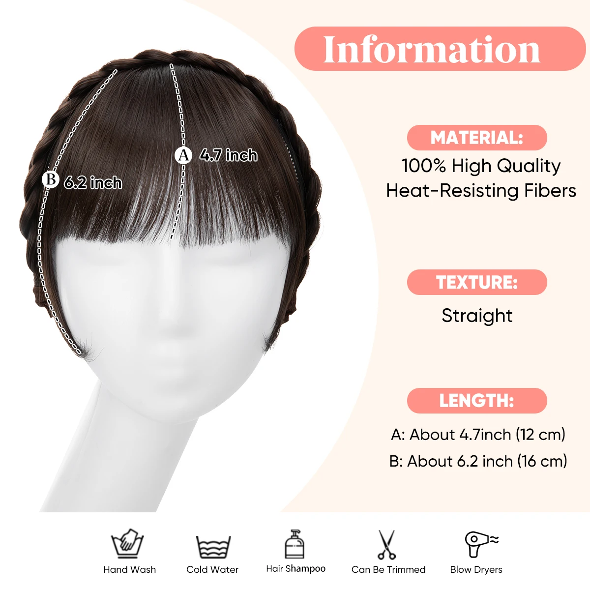 Synthetic Headband Bangs Extension Fake Hair Blunt Fringe with Long Sides For Women Natural Flase Black Brown Hairpiece B12