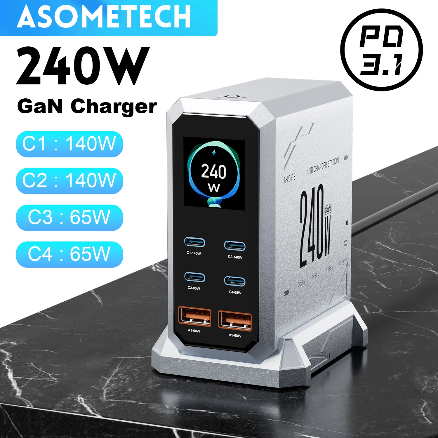240 W GaN Ladegerät PD3.1 140 W USB Typ C 6 Ports PPS PD Desktop Schnellladestation für MacBook Laptops Tablet iPhone Samsung