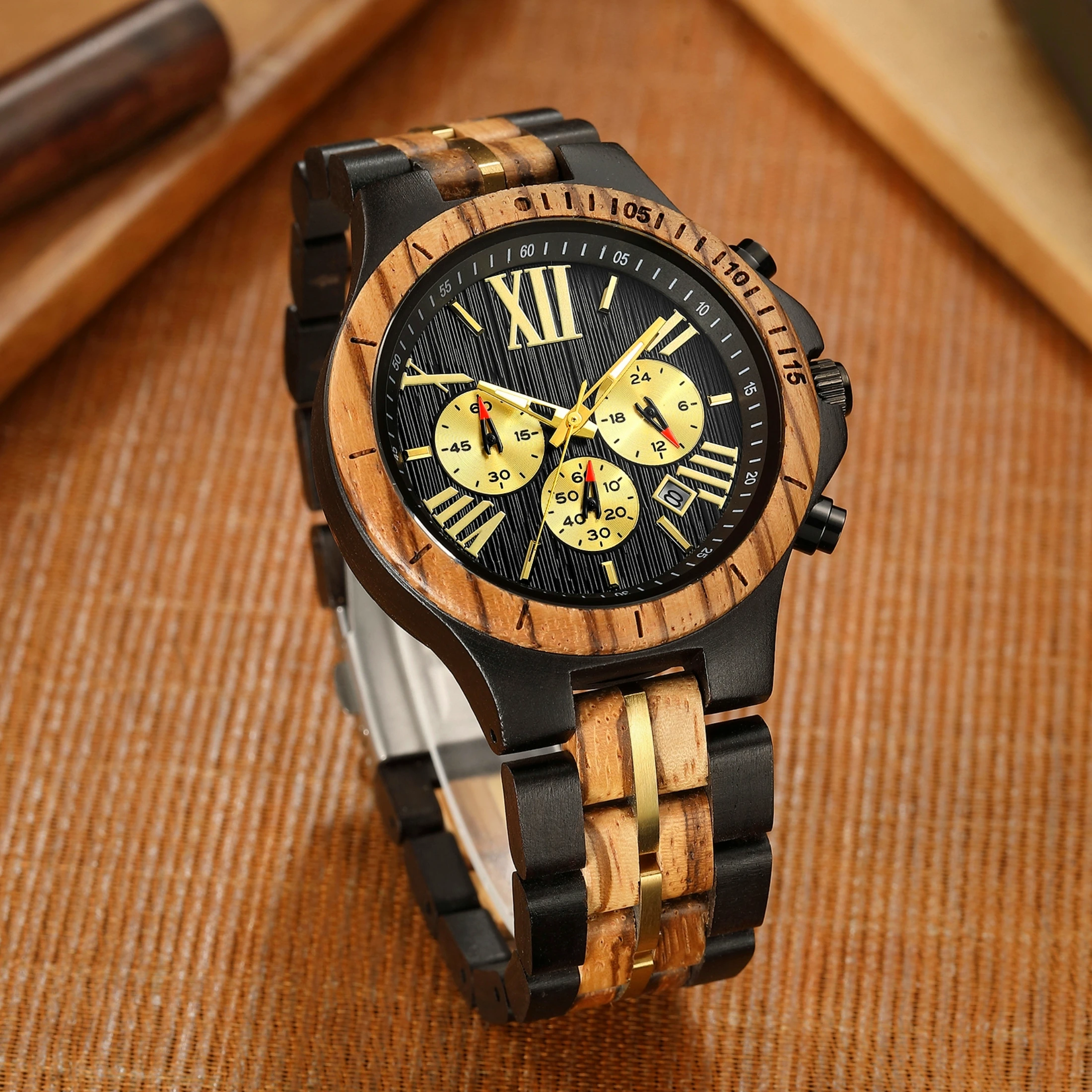 Natural Solid Wood Men's Watch Time Code Calendar Multifunctional Brown Black Quartz Watch Wood Watch Men's Watch Clock save time in the quiet wind of solid wood leisure chairs complete with imported teak leather lounge chairs balcony living roo