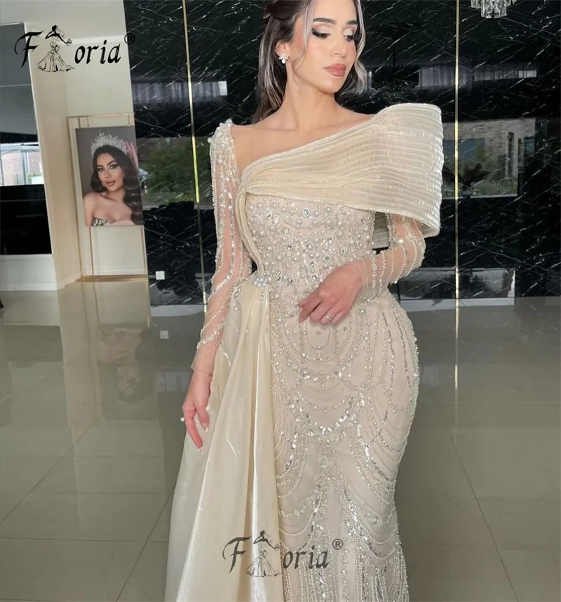 

Elegant Dubai Woman Light Champagne Evening Dresses Long Sleeve Pearls Sequin Wedding Party Dress robe de soirée luxe élégante