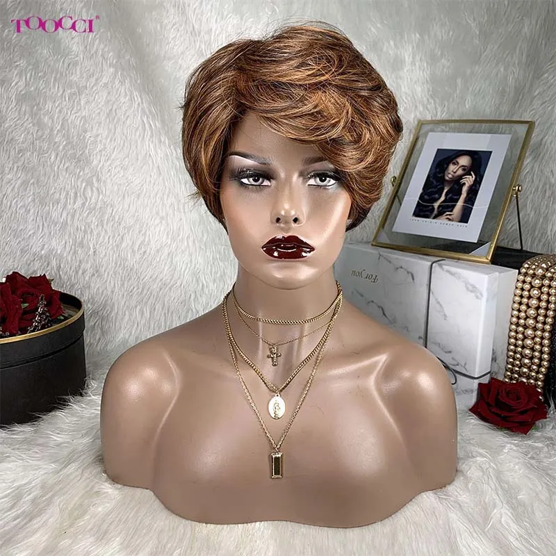 

Toocci Short Wigs Pixie Cut Wigs for Woman Human Hair With Bangs Wig Brazilian Colored Human Hair Wig Glueless Layered Cut Wigs