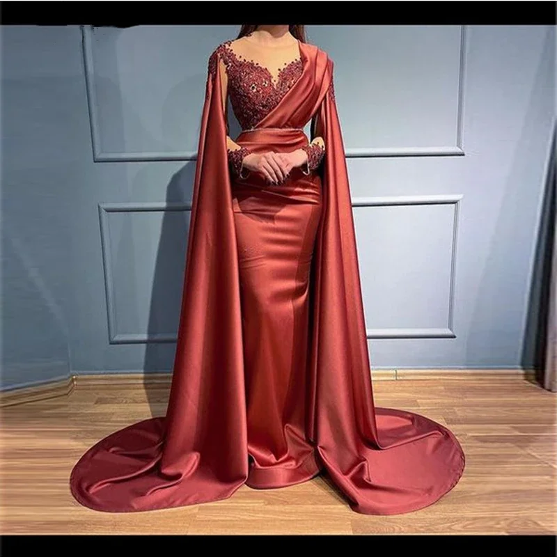 

Red Dubai Arab Mermaid Evening Dresses Sequin Beaded Round Neck Shawl Long Sleeves Satin Porm Dresses Vestidos De Noche 2023