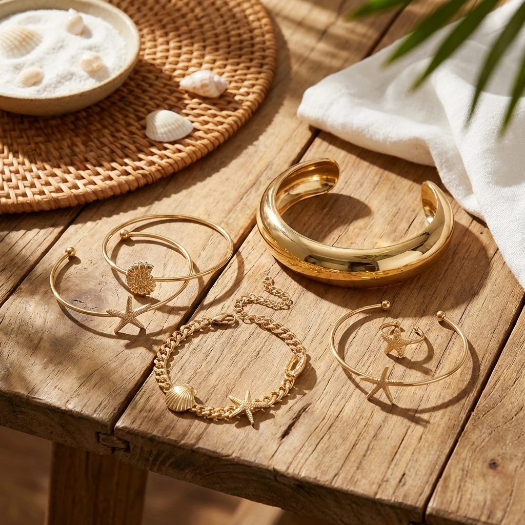 Ozean-Seestern-Muschel-Armband- und Ring-Sets für Damen aus Legierung mit Sonnenglanz, stapelbar, für Strandurlaub, Schmuckgeschenke – Detail 6