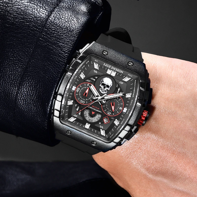LIGE Fashion Silicone Men's Watches Skeleton Skull Big Dial