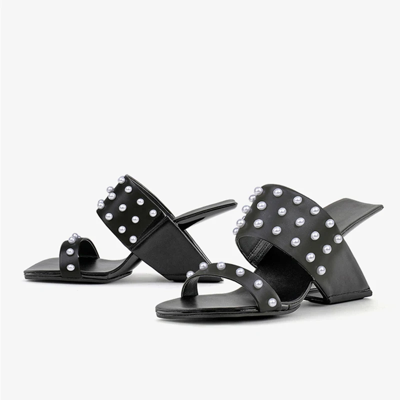 

Fashion pearl decoration square open toe 8cm high strange heels black gold silver slip on handmade women sandals HL496 MUYISEXI