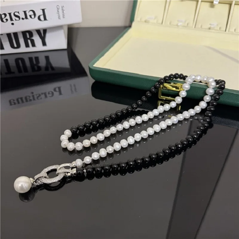 

Натуральные природные реальные 8-9 мм белый жемчуг черный ожерелье длинные 36 дюймов 38 дюймов свитер цепи изобразительных ювелирных изделий Бесплатная доставка