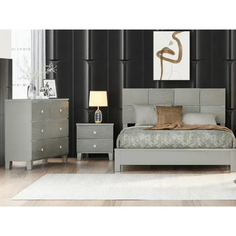 3 pieces Champagne Silver Bedroom Sets Queen Bed + Nightstand +Dresser,Easy to assemble,for indoor bedroom furniture