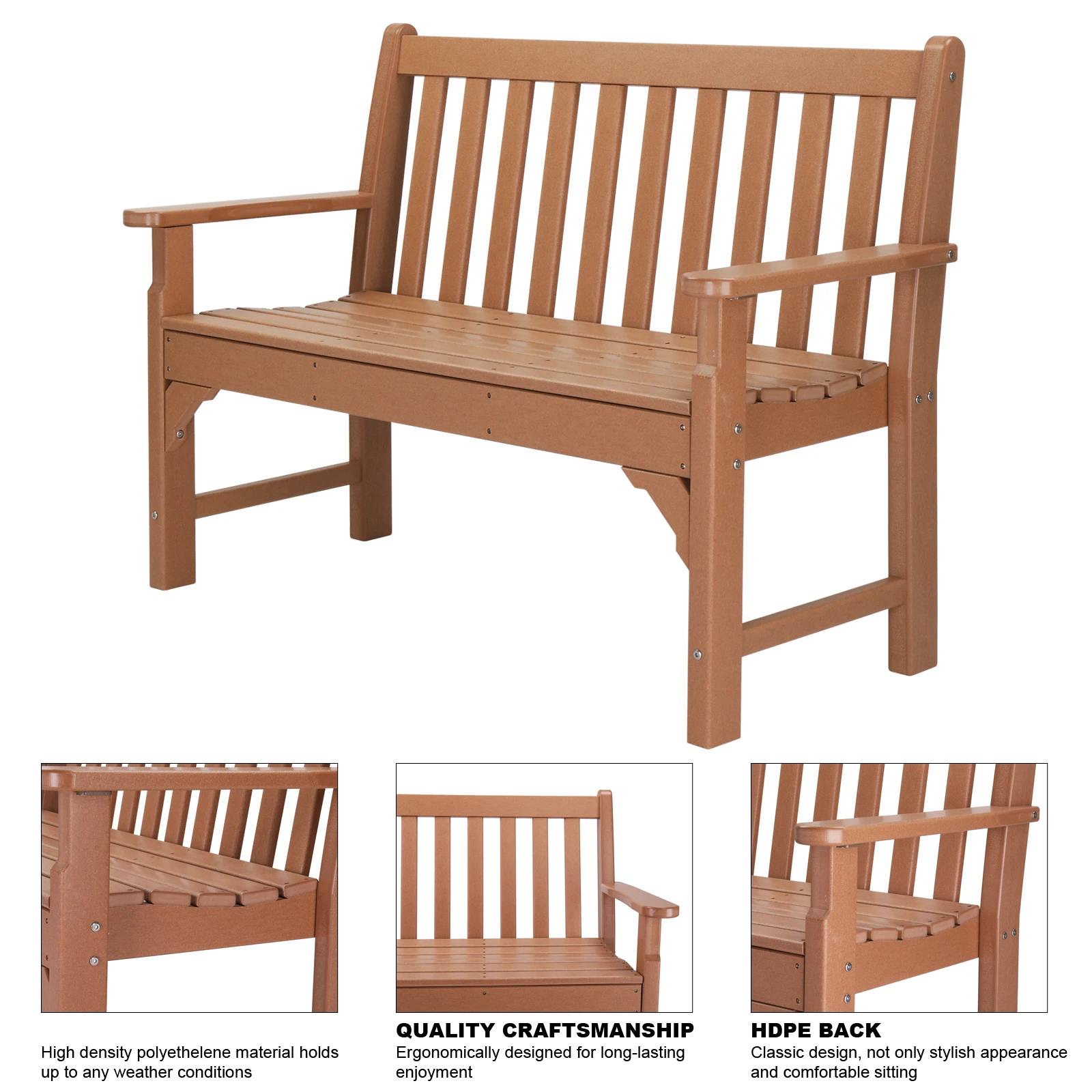 49in Vertical Backrest Teak Color HDPE Bench 5