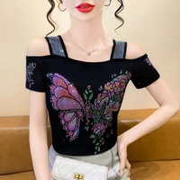 جديد السيدات شبكة تي شيرت مصمم فراشة الساخن الماس المرأة بلايز الصيف مثير خارج الكتف تيز بلوزة قمصان الملابس 3