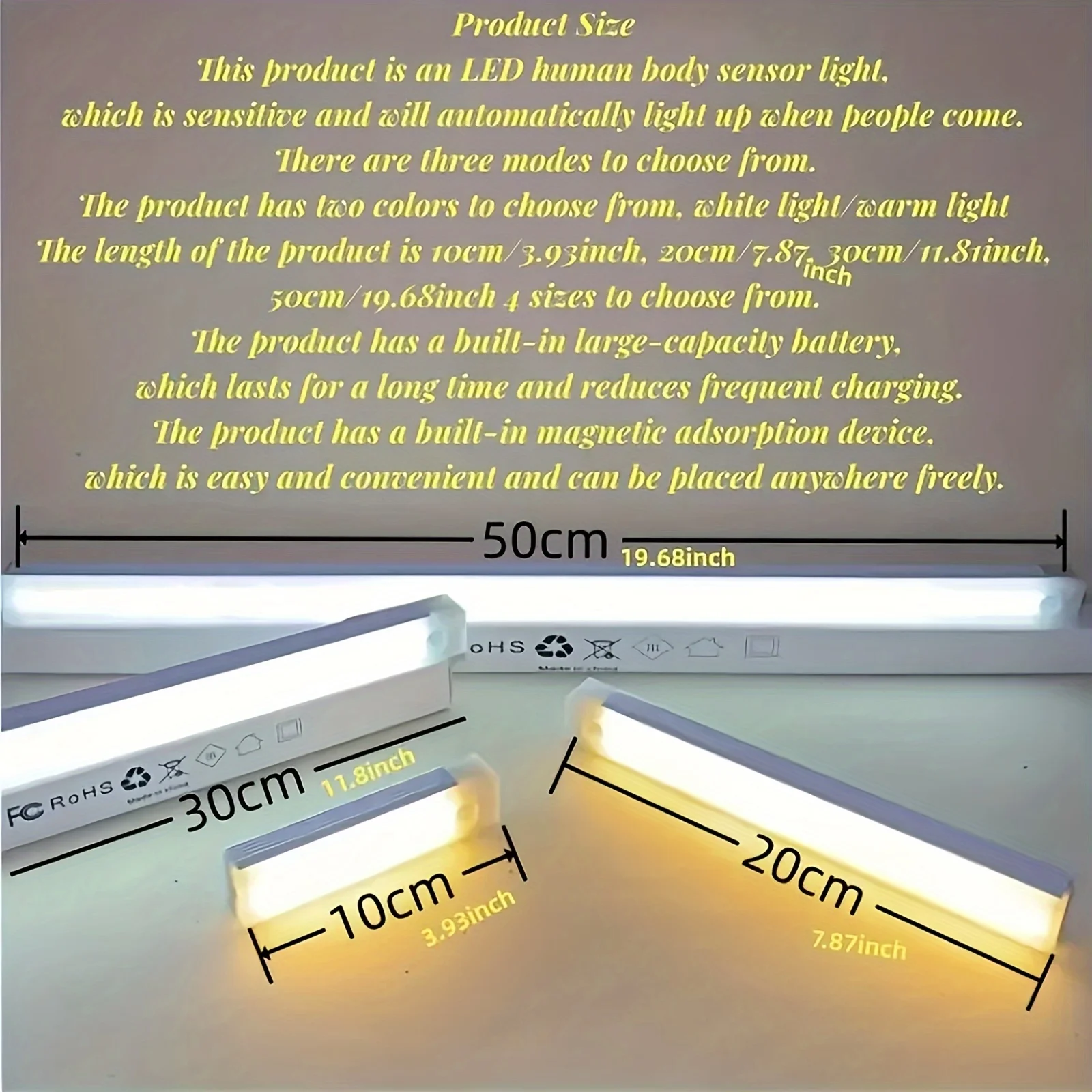 10cm/20cm/30cm/50cm solid color long wireless magnetic USB rechargeable kitchen night light for wardrobe cabinets bedroom