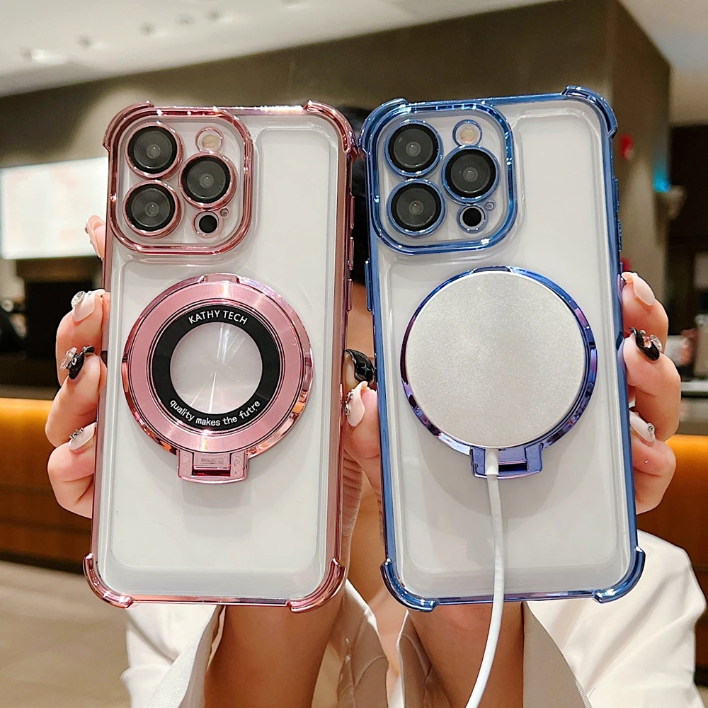 Magnet Phone Case For iphone 11 12 13 14 15 Pro Max Plus Wireless Charging Shockproof Transparent Soft Silicone Back_voghion.com