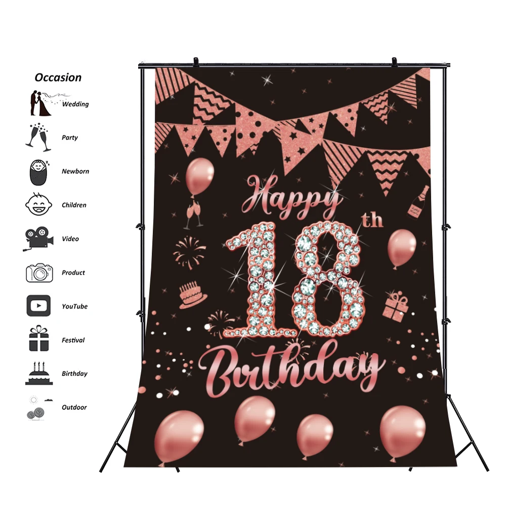 

Vertical Backdrop 18th Birthday for Girls Party Door Decorations Banner Pink 18 Years Photo Background Photography Props Studio