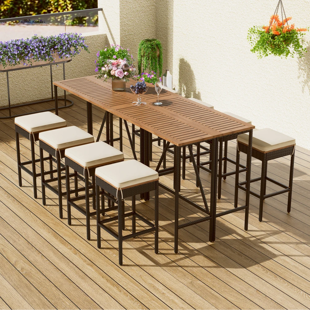 

Dining Set For 8 Dining Table Set With 8 Stools Removable Cushions 2 Height Table Anti Slip Feet Wicker Dining Table Set