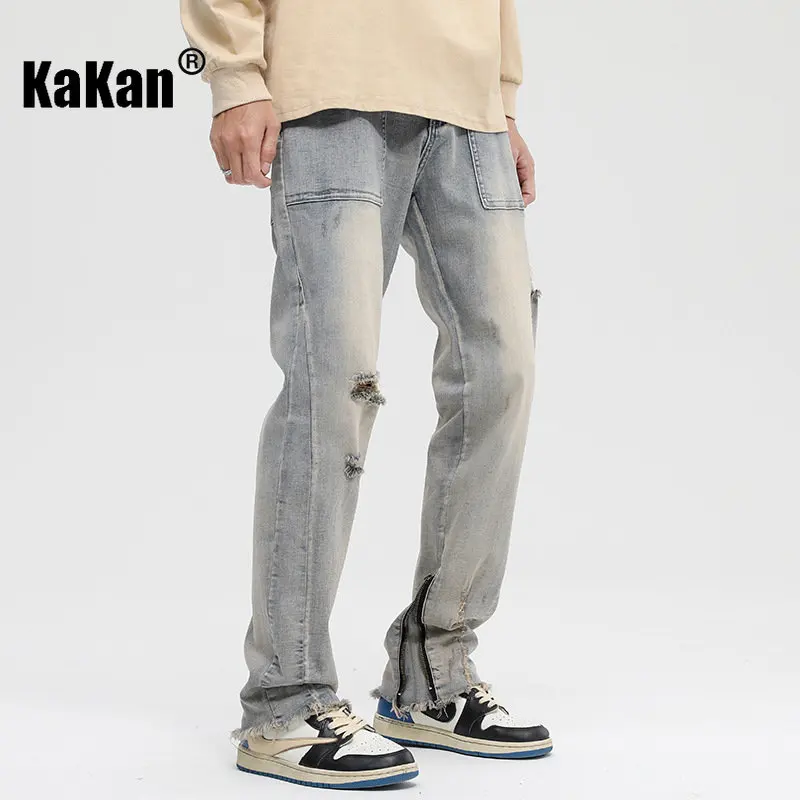 Kakan - New Raw Edge Zippered Trouser Hem Hole Straight Leg Jeans for Men, Mud Yellow Slim Fit Long Jeans K62-1954
