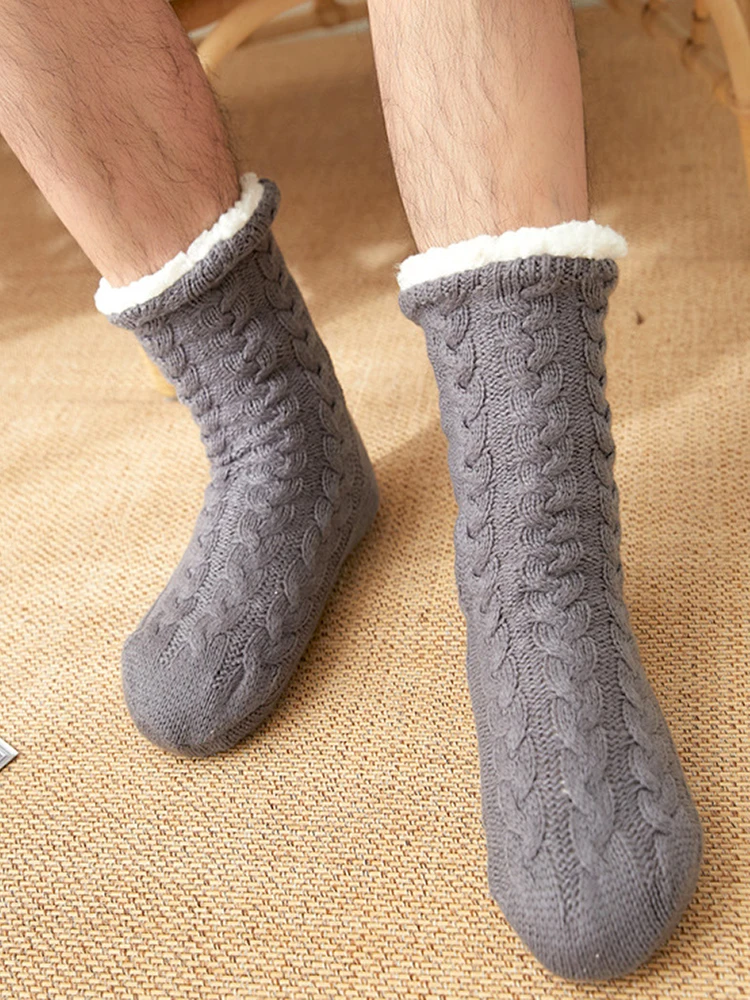 Fleece Thermal Non-slip Socks Winter Thick Warm Men Fashion Casual Indoor New Knitted Acrylic Crew Antiskid Floor 1 Pair