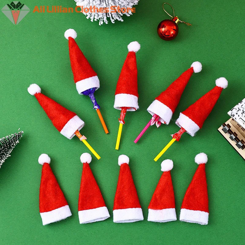 10Pcs Christmas Hats Mini Santa Claus Hat Lollipop Caps Wine Bottle Covers For Xmas Dinner Decoration New Year Party Supplies