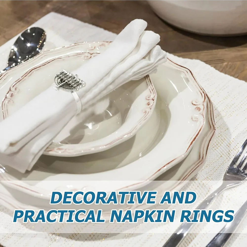 6Pcs Hanukkah Napkin Rings Silver Chanukah Menorah Napkin Holder for Hanukkah Holiday Dinner Party Wedding Table Setting Decor