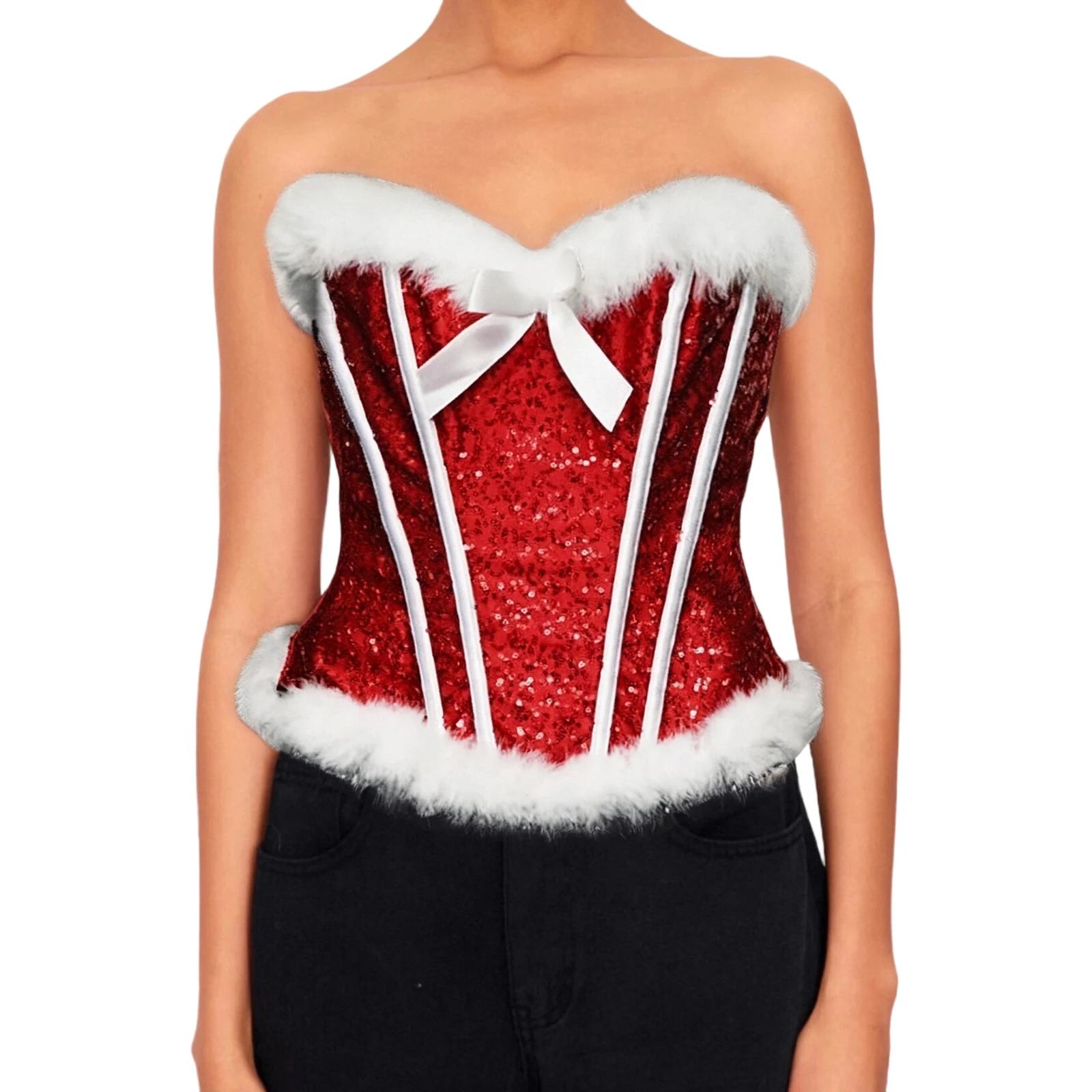 Women Christmas Mrs. Claus Costume Fuzzy Trim Sexy Sleeveless Red Bustier Corset Tops Waist Trainer for Cosplay Party Stage