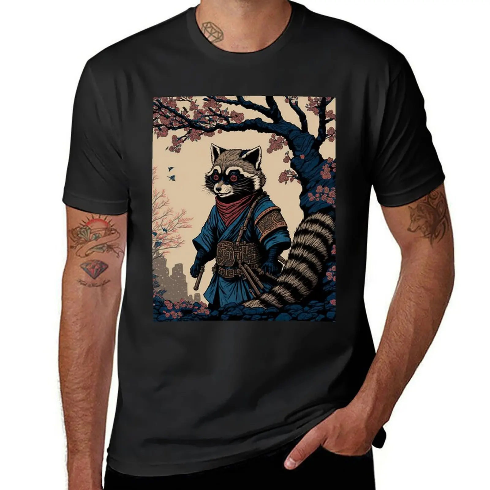 Raccoon Samurai T-shirt boys animal print plus size tops summer tops plain black t shirts men