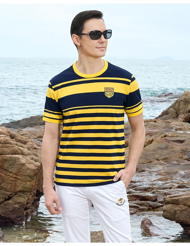New Straight Men's Short T-shirt Round Neck Bruce&Shark Fashion Men's Stripe Tee Stretch Cotton Summer Breathable Tops Big Size 13 Scaf28a5a2ff147509f3ec813f400f317H