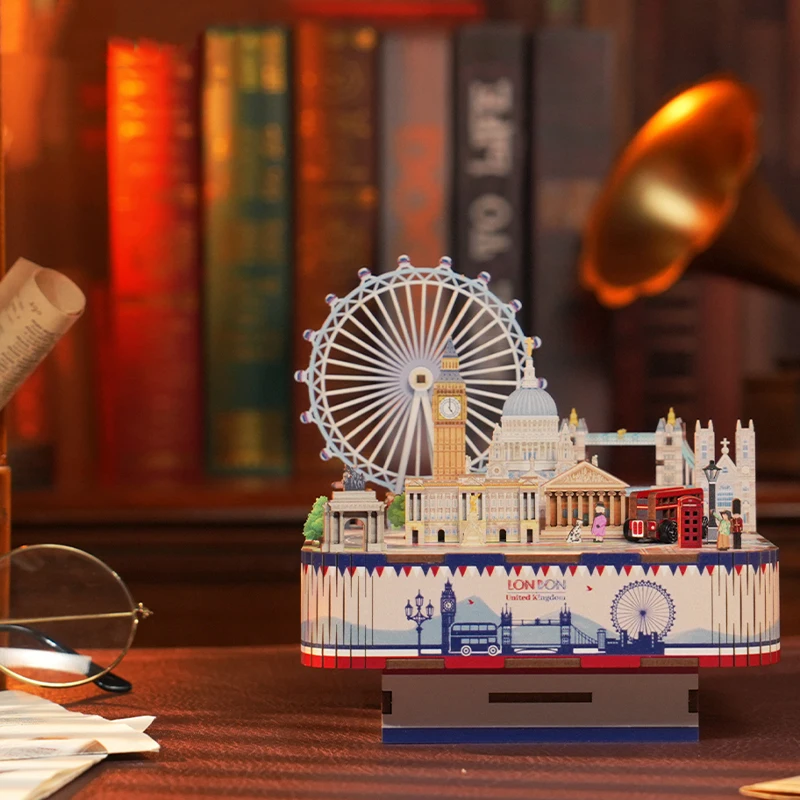 DIY Wooden London Street View Music Box Model Building Kits 3D Puzzle With Lights Toys for Children Birthday Gifts Home Decor 3