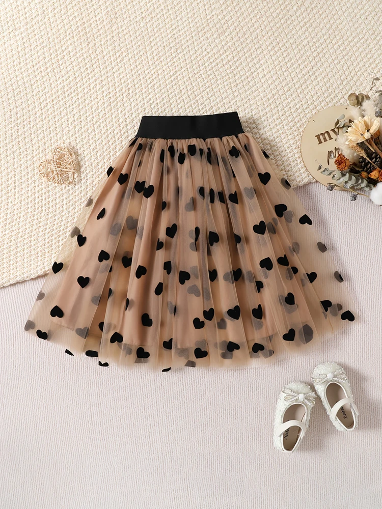 Girls Cute Half Skirt Love Printed Mesh Layered Folded Elastic Skirt Children Party Princess Clothing Autumn Summer 4-7Y