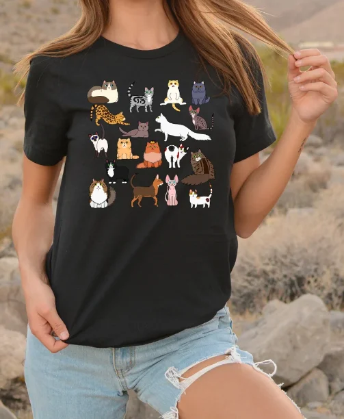 Manga Curta Top Tees com Doodle Cat Butt Theme, Harajuku Streetwear, Goth Tee, Drop Shipping, 100% Ctton, Y2K Moda