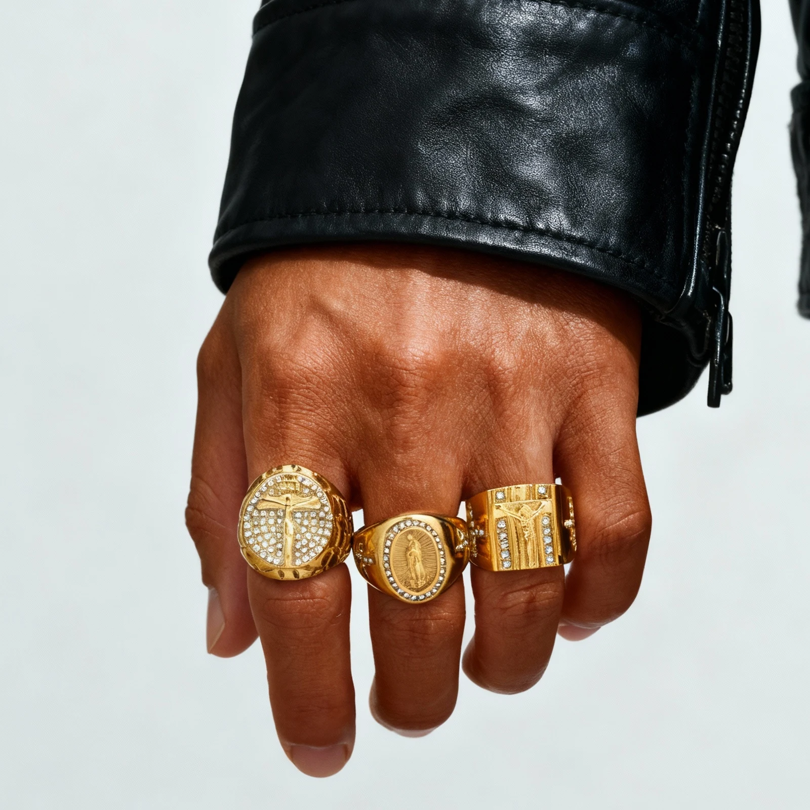 Modische Kubische Zirkonia Jesus-Kreuz-Ringe, Goldfarben Hip-Hop Edelstahl Siegelring für Männer, Religiöser Punk-Fingerschmuck
