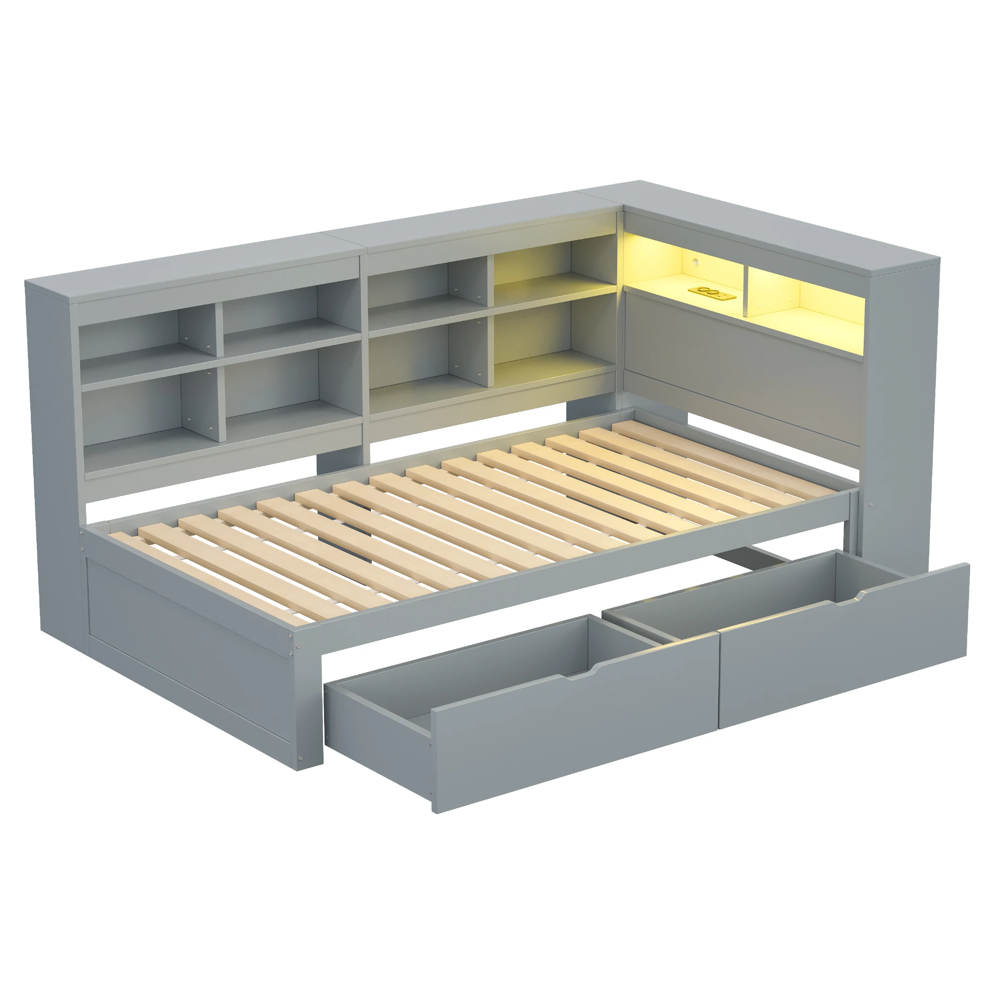 KOMHTOM Multifunktionales Einzelholzbett 90x200 cm mit Ablagefächern Regalen Bett mit USB Steckdose und LED Leiste – Detail 9