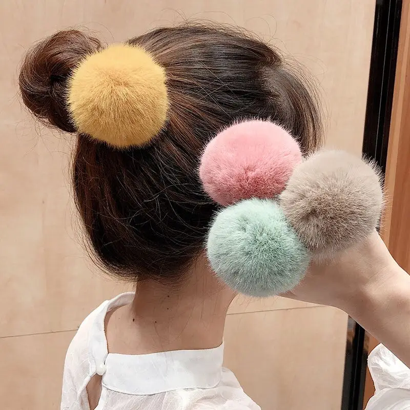 Korean Woman Elegant Mink Pompom Fur Elastics Hair Band Solid Color Scrunchies Hair Ties Girls Ponytail Hold Hair Accessories