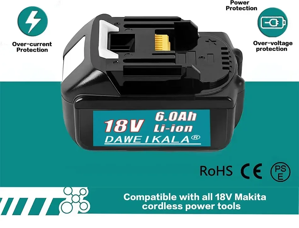 

Waitley 18V4.0 5.0 6.0Ah Rechargeable Battery For Makita Power Tools with LED Li-ion Replacement LXT BL1860 1850 18V 6A.6000mAh