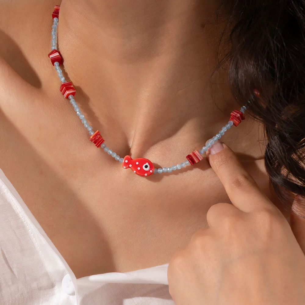 Stackable Natural Stone Bell Pepper Collar Neckalce Women Colorful Wheat Ears Fish Heart Star Charms Pendant Choker Waterproof