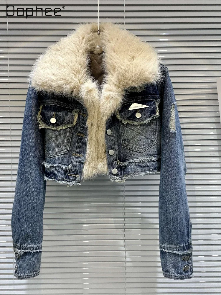 Streetwear Faux Fur Collar Pocket Jean Jackets for Women 2023 Autumn New Casual Wash Gradient Thickened Denim Short Coat Woman autumn winter new denim pants men s d2 jeans slim fit small feet wash deep blue 3d cut worn out paint