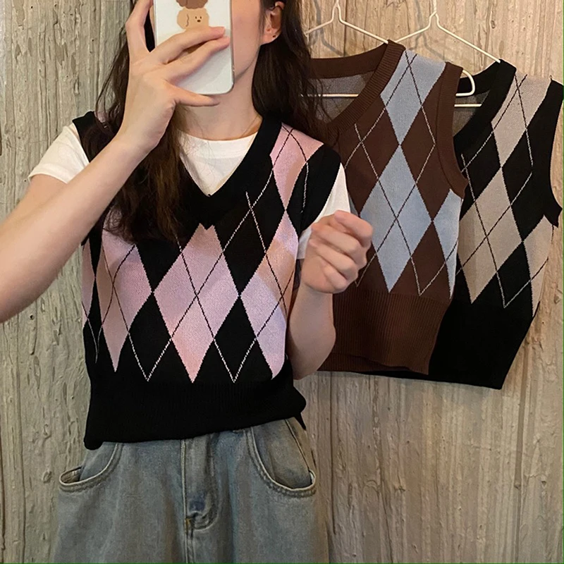 그레이 진 카우보이 조끼 구멍 데님 여성 조끼, 봄 가을 민소매 탑스 짧은 재킷 소녀용 찢어진 5XL 조끼 11 여성용 체크 무늬 니트 조끼 스웨터, V넥 민소매, 빈티지 대비 색상 스웨터, 여성 조끼, 시크한 상의