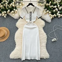 REALEFT 2024 New Summer Women's Polo Knitted Dresses Colorblock Elegant Short Sleeve Buttons Bodycon Wrap Dress Female - Image 3