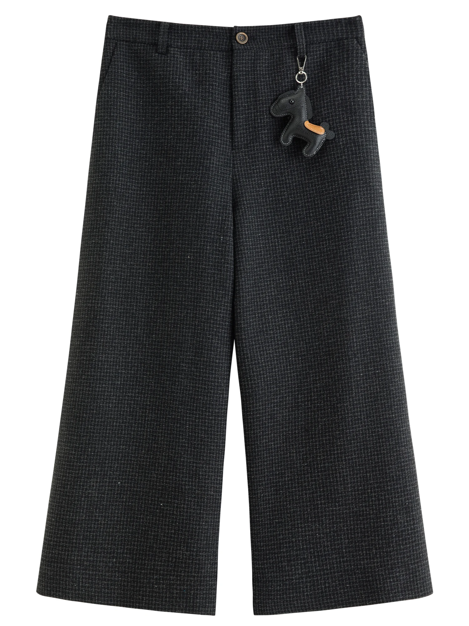DUSHU Plus-Size Gray Wool Blend Fine Check Cropped Casual Pants 2025 Winter High-Waisted Calf-length Straight British Style