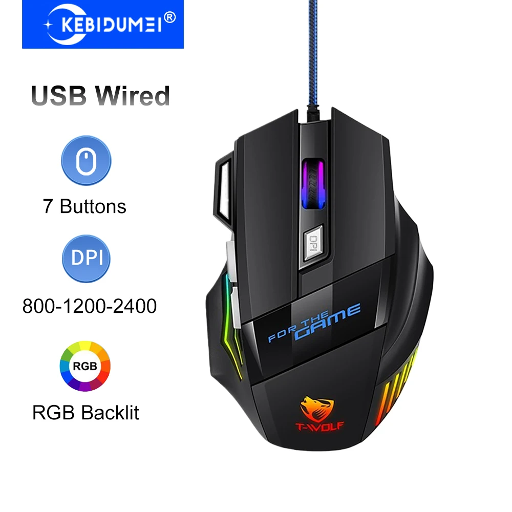 KEBIDUMEI 6 Buttons USB Wired Gaming Mouse 7200DPI 6-Level Adjustable Ergonomic Mouse Plug & Play for Laptop Windows MacOS