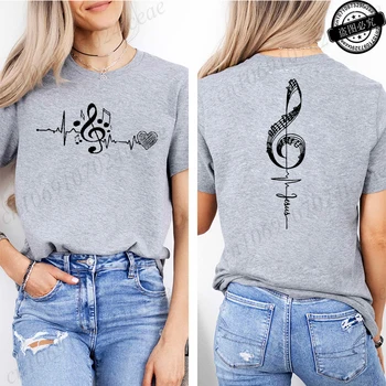Musical Notes Printed T-Shirt for Women,Heartbeat Music Graphic Tee Shirts Clothes,Aesthetic Women's Tee T-Shirts Musician Gift 1