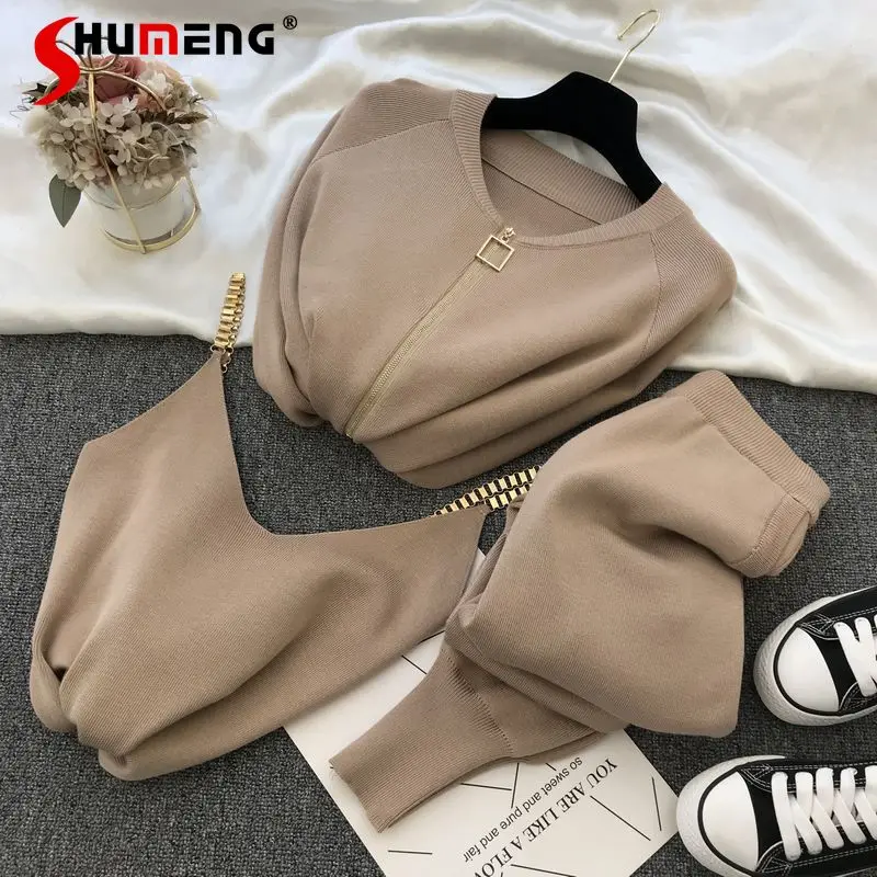 

2023 Women's Autumn Fashion Three-Piece Set Sweet Elegant Chain Vest Knitted Coat Elastic-Waist Slim-Fit Pants Lady Pant Sets