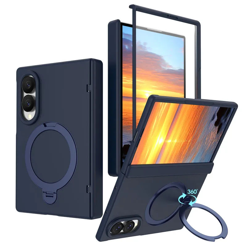 Premium Phone Case with Tempered Glass and Rotating Magnetic Alloy Stand, Fingerprint Resistant Cover