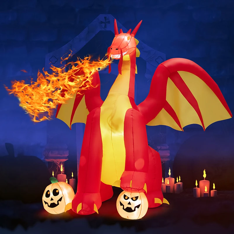 

10 Feet Outdoor Halloween Decor Giant Inflatable Animated Fire Dragon with Built-in LED Lights Outdoor Party Garden Supplies