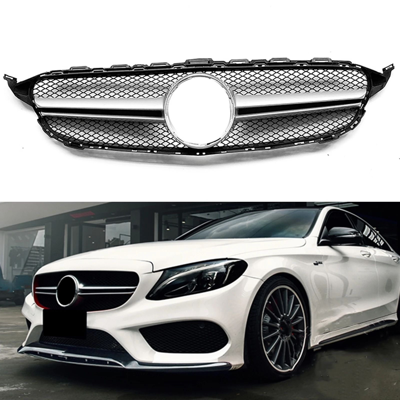 

Решетка верхняя гоночная решетка для Mercedes Benz C Class W205 2014-2018 C200 C250 AMG стиль Серебряный передний бампер для автомобиля стандартная сетка