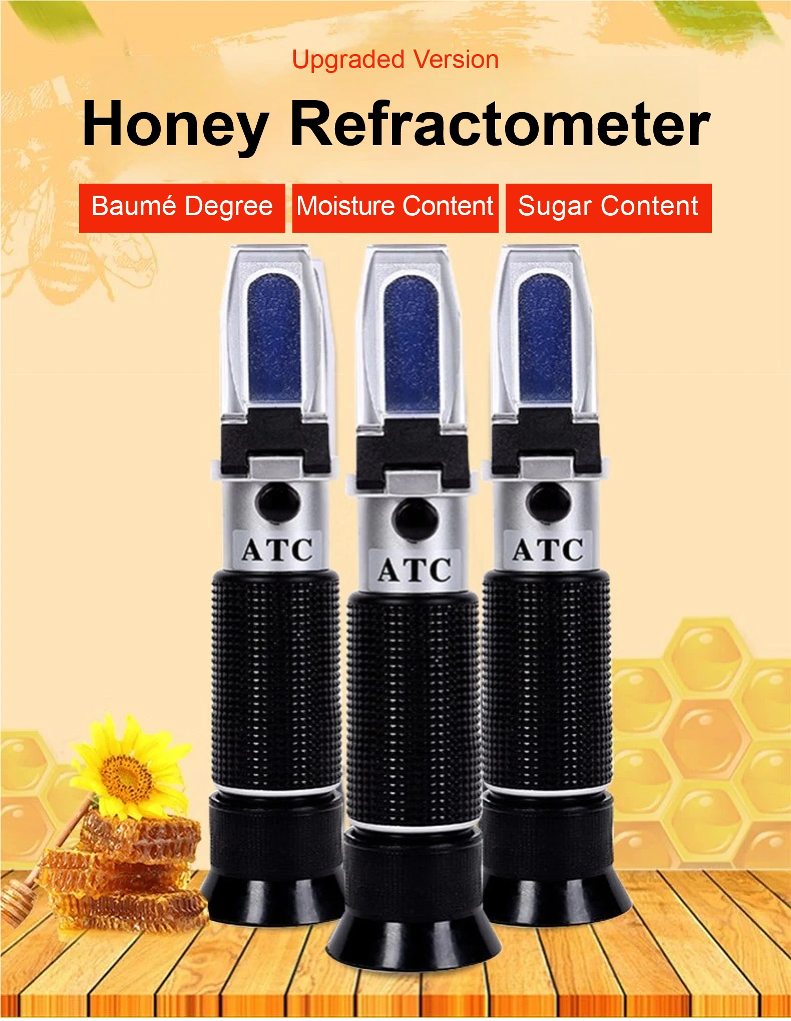 Portable Honey Concentration Refractometer with ATC Brix Moisture Baume Tester f